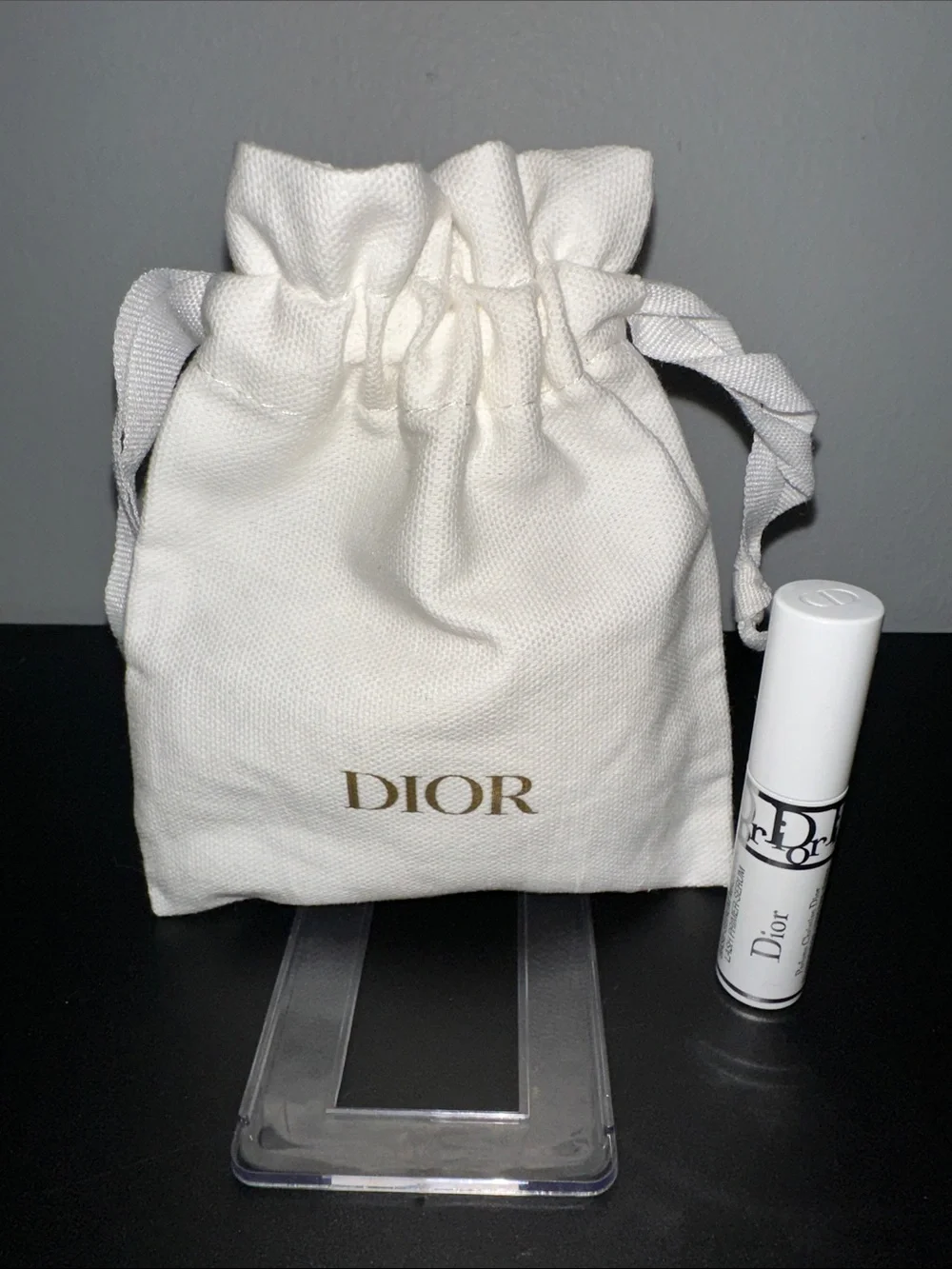 Dior White Drawstring Pouch w Gold Logo and 3D Base Serum Mascara